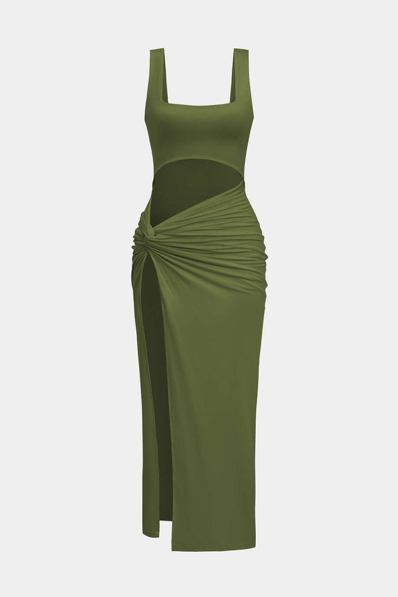 Solid Twist Front Cut Out Slit Midi Dress - MISMIMCWSB2407230104-OLIVE-XS