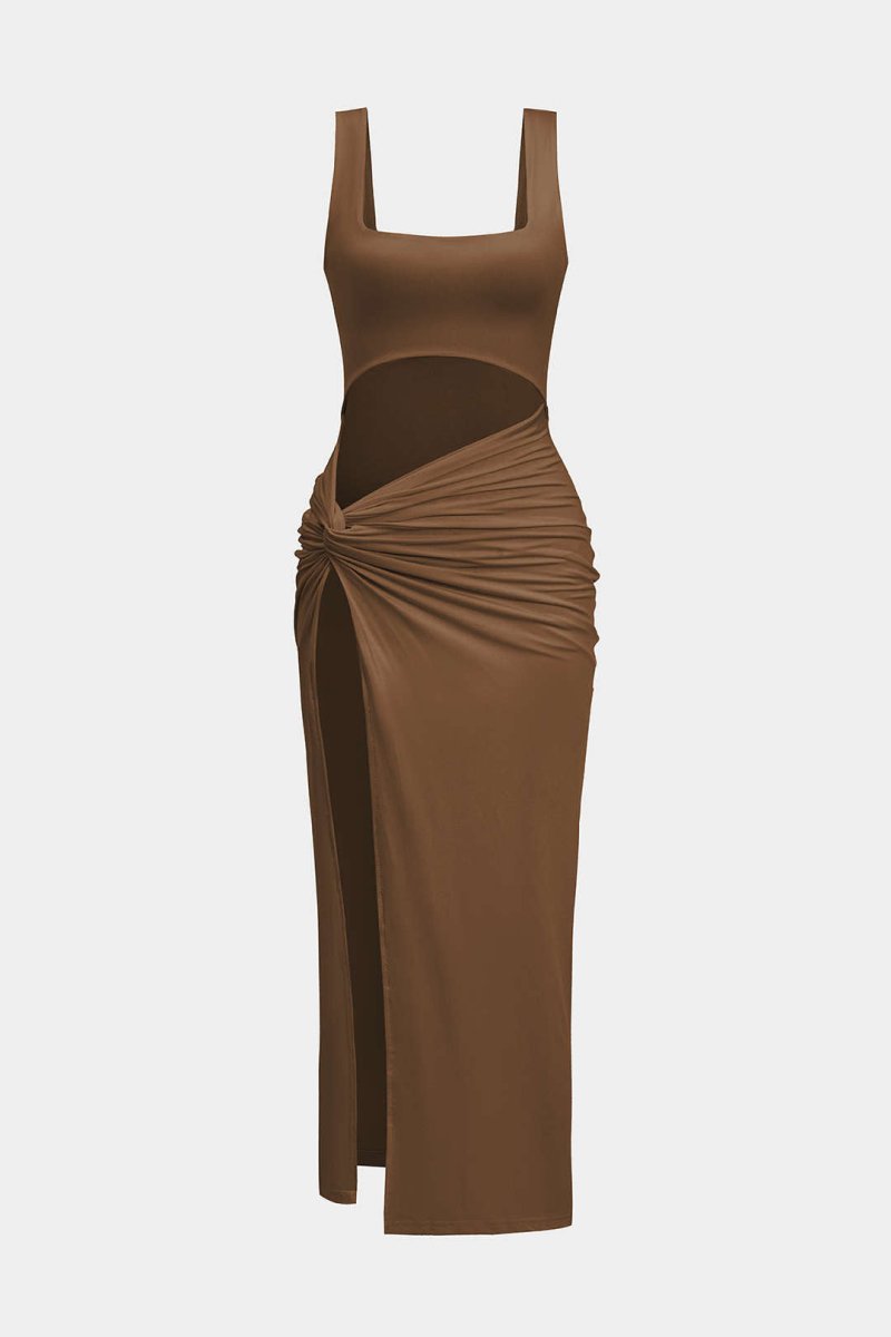 Solid Twist Front Cut Out Slit Midi Dress - MISMIMCWSB2407230104-COFFEE-XS