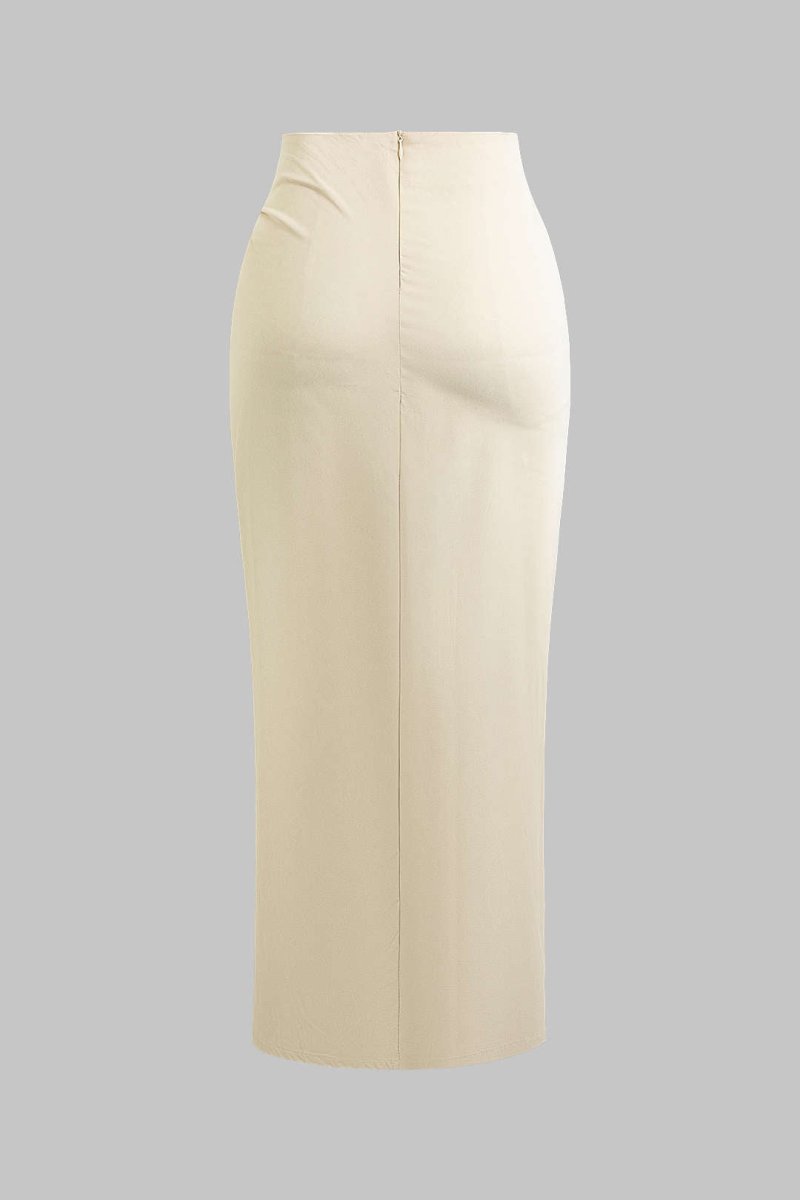 Solid Twist Knot Irregular Skirt - MISMIMCWBK2405100042-BEIGE-XS