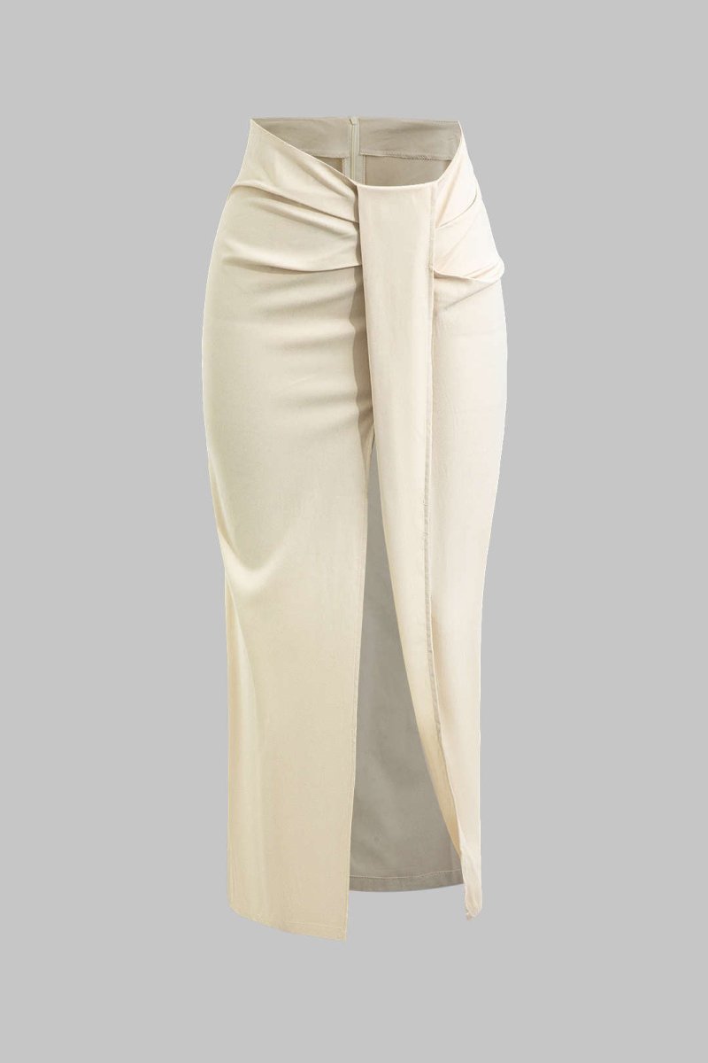 Solid Twist Knot Irregular Skirt - MISMIMCWBK2405100042-BEIGE-XS