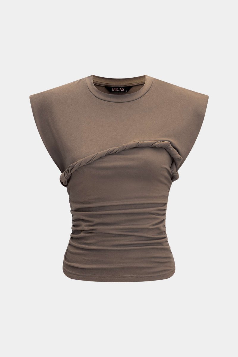 Solid Twist Round Neck T-Shirt - MISMIMCWTS2502140014-MOCHA-XS