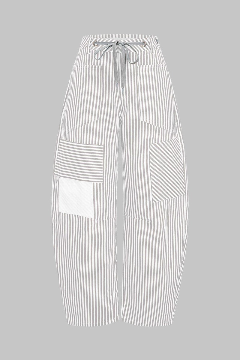 Stripe Print Pocket Drawstring Barrel Trousers - MISMIMCWBT2507030059-GRAY-XS