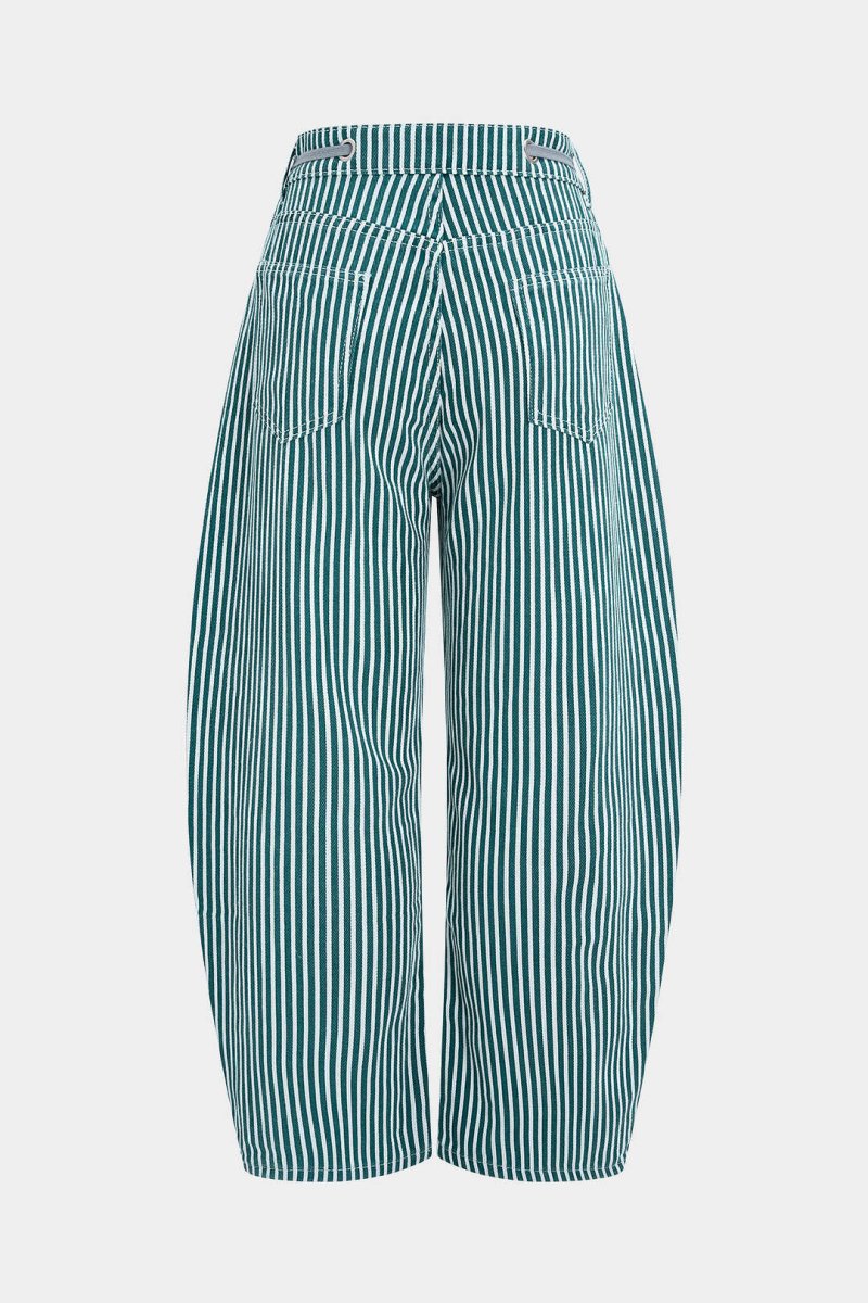 Stripe Print Pocket Drawstring Barrel Trousers - MISMIMCWBT2507030059-GREEN-XS