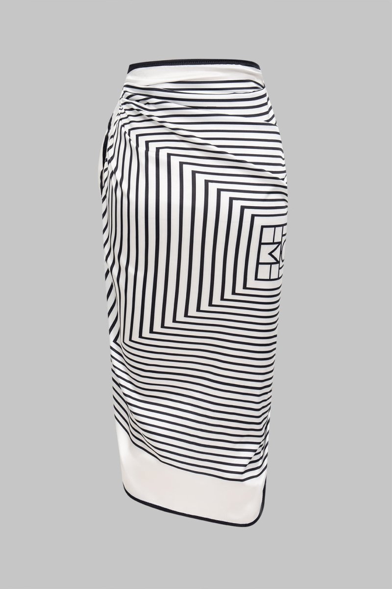 Stripes Print Satin Tie - Up Skirt - MISMIMCWBK2505300067-WHITE-XS