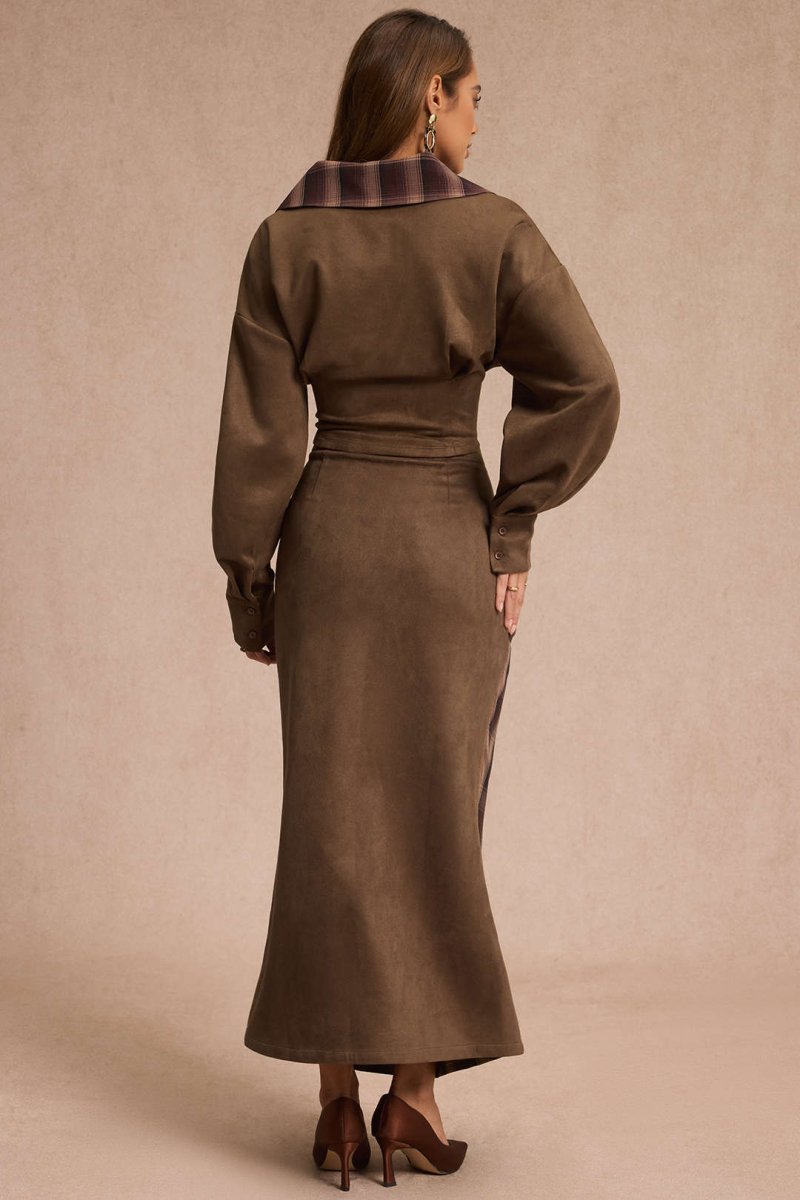 Suede Patchwork Notched Lapel Long - Sleeve Top - MISMIMCWOJ2509190040-BROWN-XS