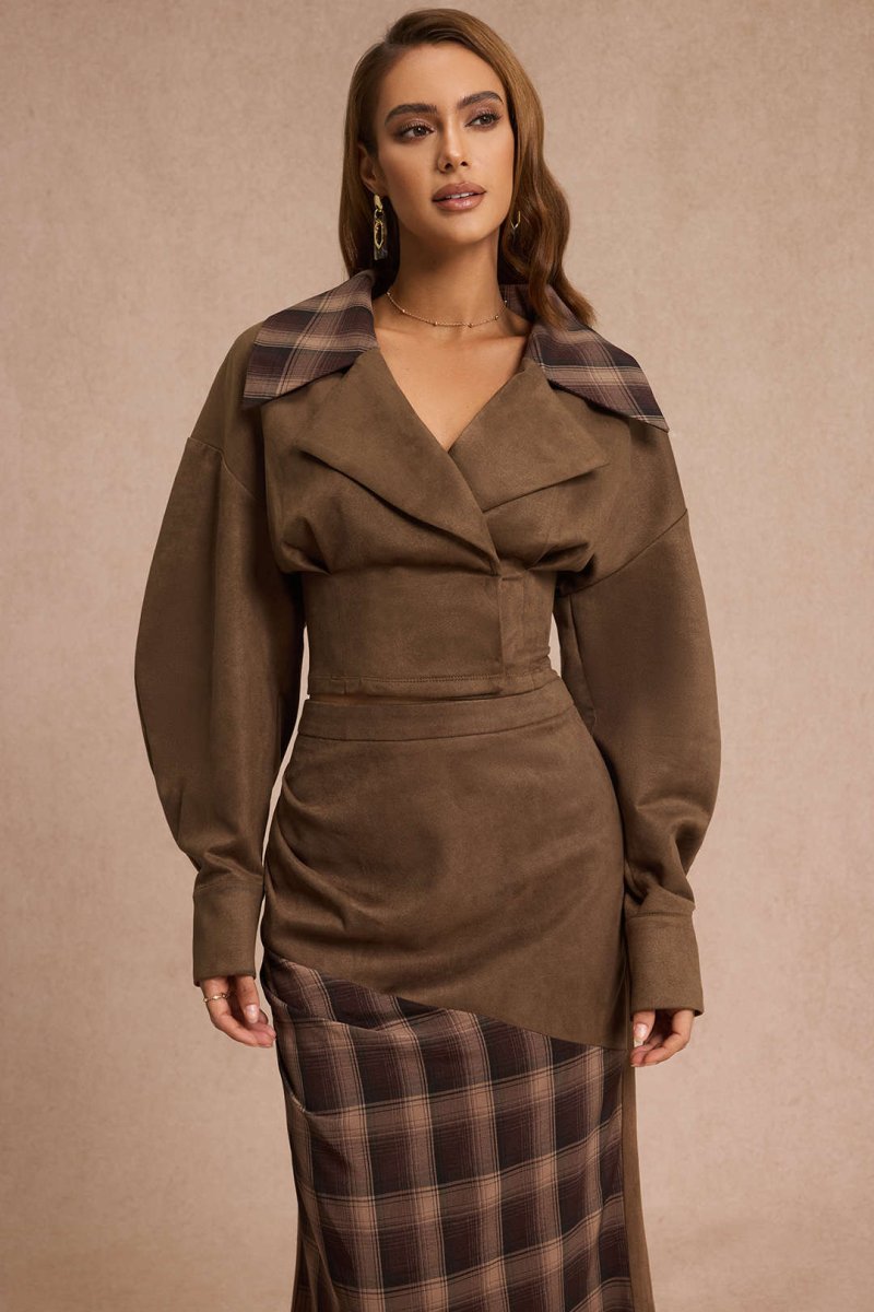 Suede Patchwork Notched Lapel Long - Sleeve Top - MISMIMCWOJ2509190040-BROWN-XS