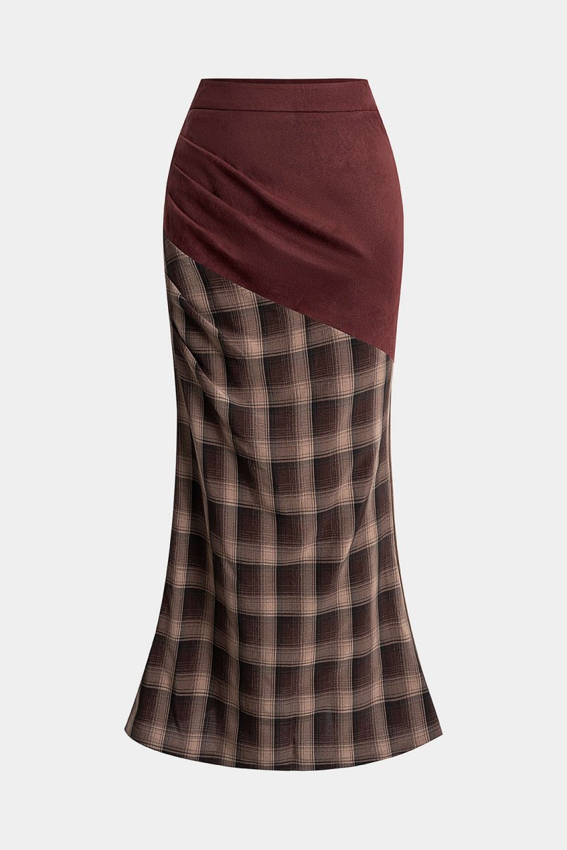 Suede Patchwork Plaid Print High Waist Skirt - MISMIMCWBK2509190038-BURGUNDY-XS