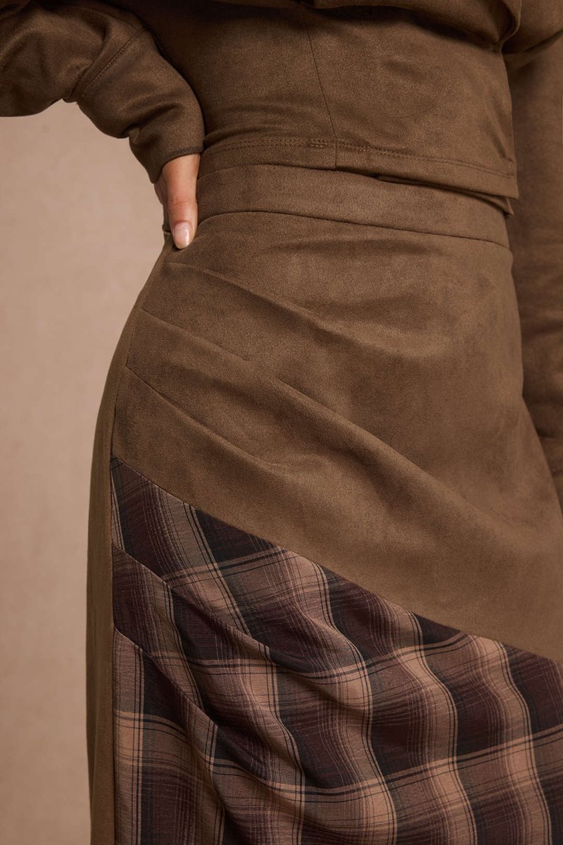 Suede Patchwork Plaid Print High Waist Skirt - MISMIMCWBK2509190038-BROWN-XS