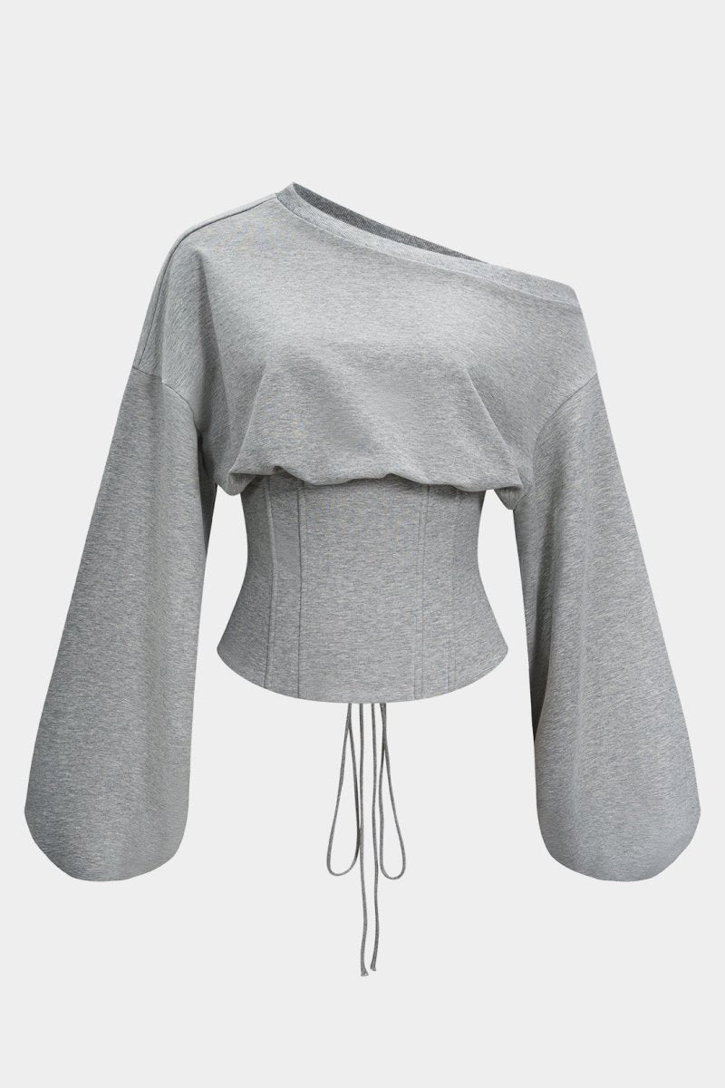 Tie - Back Asymmetrical Shoulder Corset Waist Sweatshirt - MISMIMCWTH2509220130-PEARL RIVER-XS