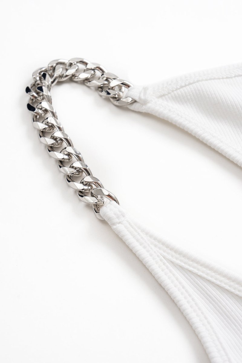 Tie Front Ruched Metallic Chain Patchwork Sleeveless Mini Dress - MISMIMCWDC2505120101-WHITE-XS