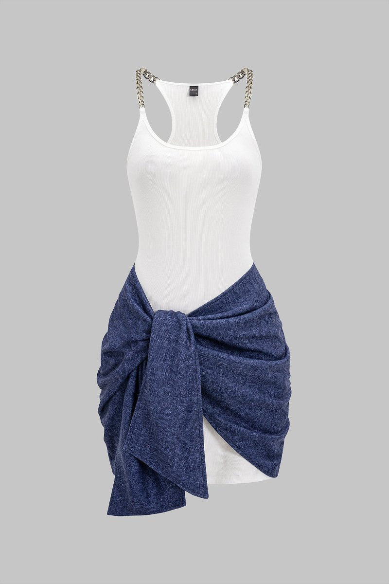 Tie Front Ruched Metallic Chain Patchwork Sleeveless Mini Dress - MISMIMCWDC2505120101-WHITE-XS