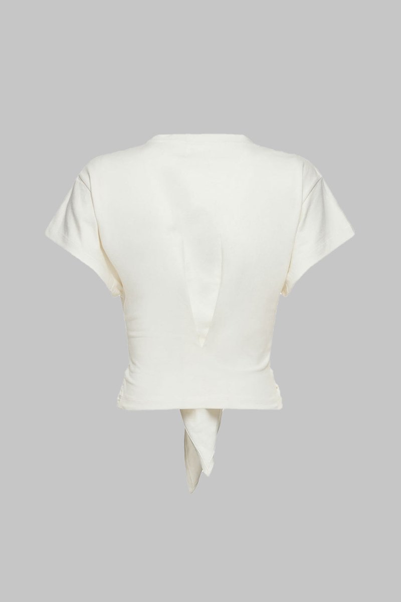 Tie Front Ruched Short Sleeve T-Shirt - MISMIMCWTS2504290095-IVORY-XS