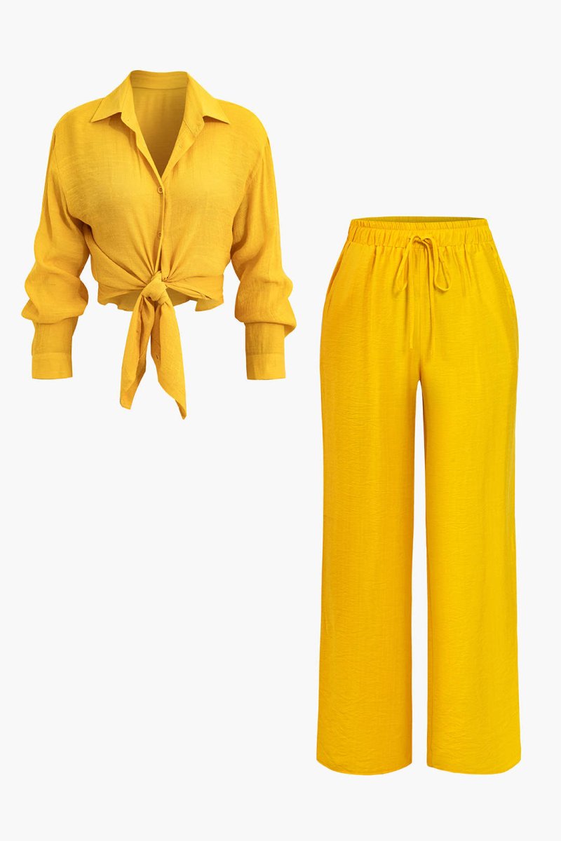 Tie Front Shirt And Wide Leg Pants Set - MISMIMCWSC2405200135-MUSTARD-XS