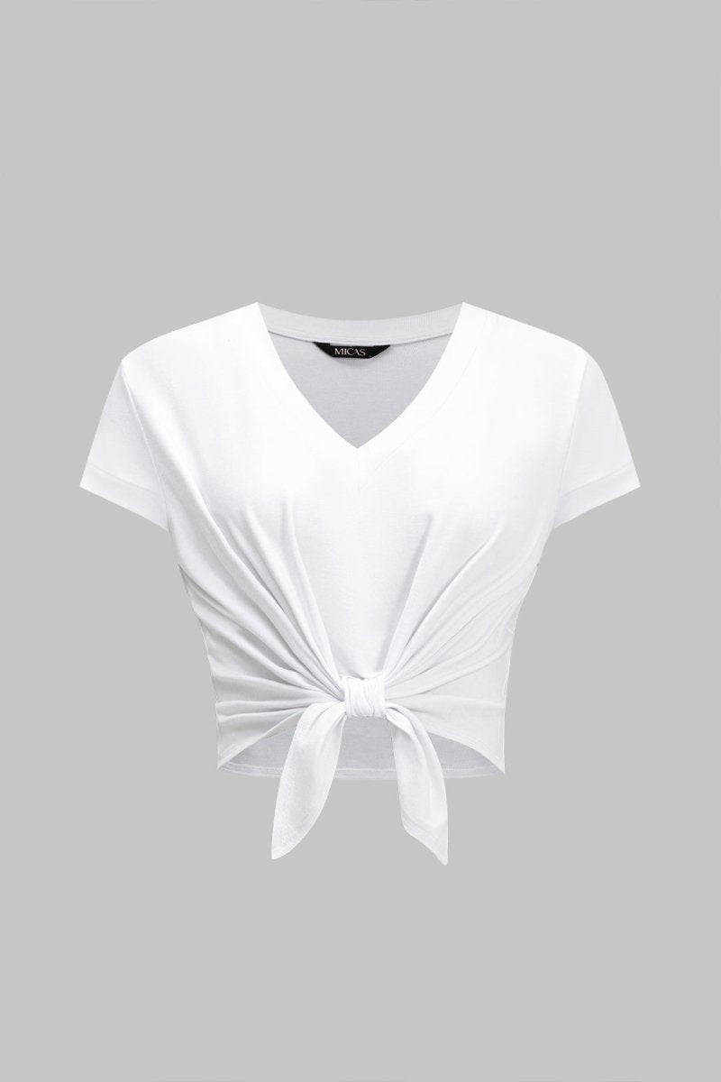 Tie Front Short Sleeve T-Shirt - MISMIMCWTS2502240138-OPTICAL WHITE-XS
