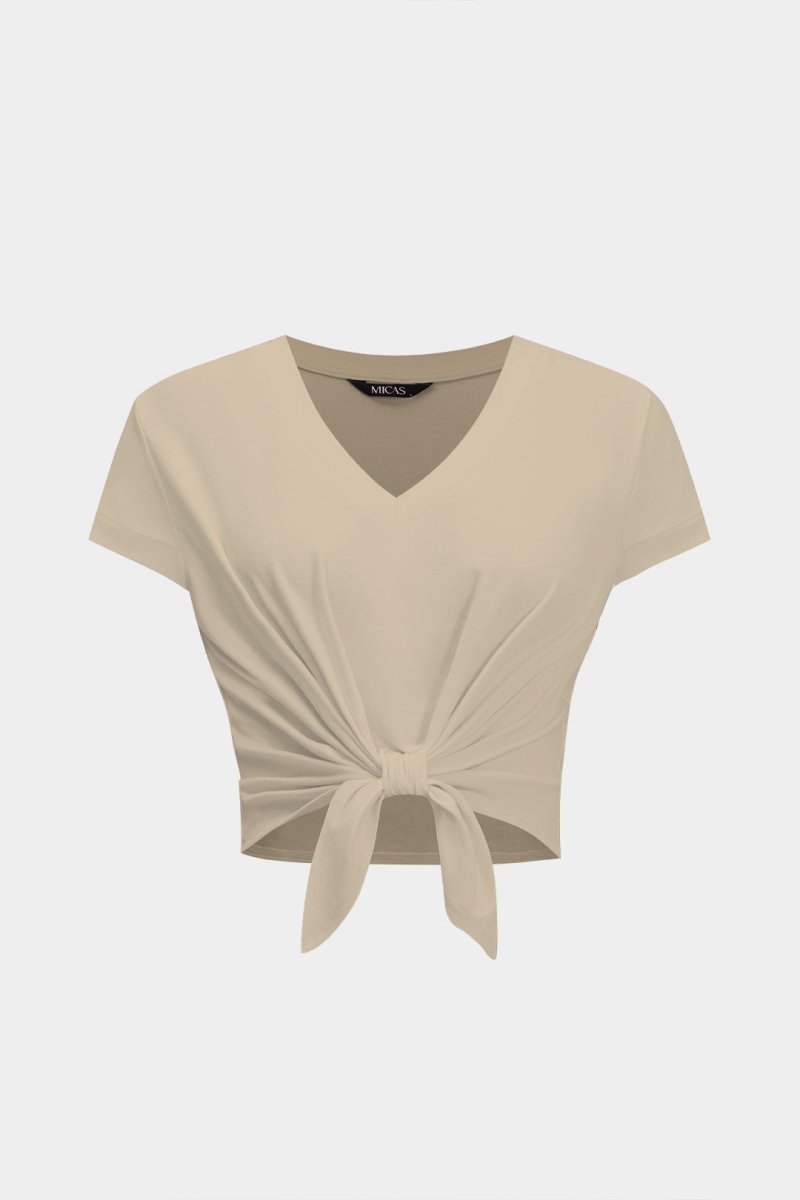 Tie Front Short Sleeve T-Shirt - MISMIMCWTS2502240138-KHAKI-XS
