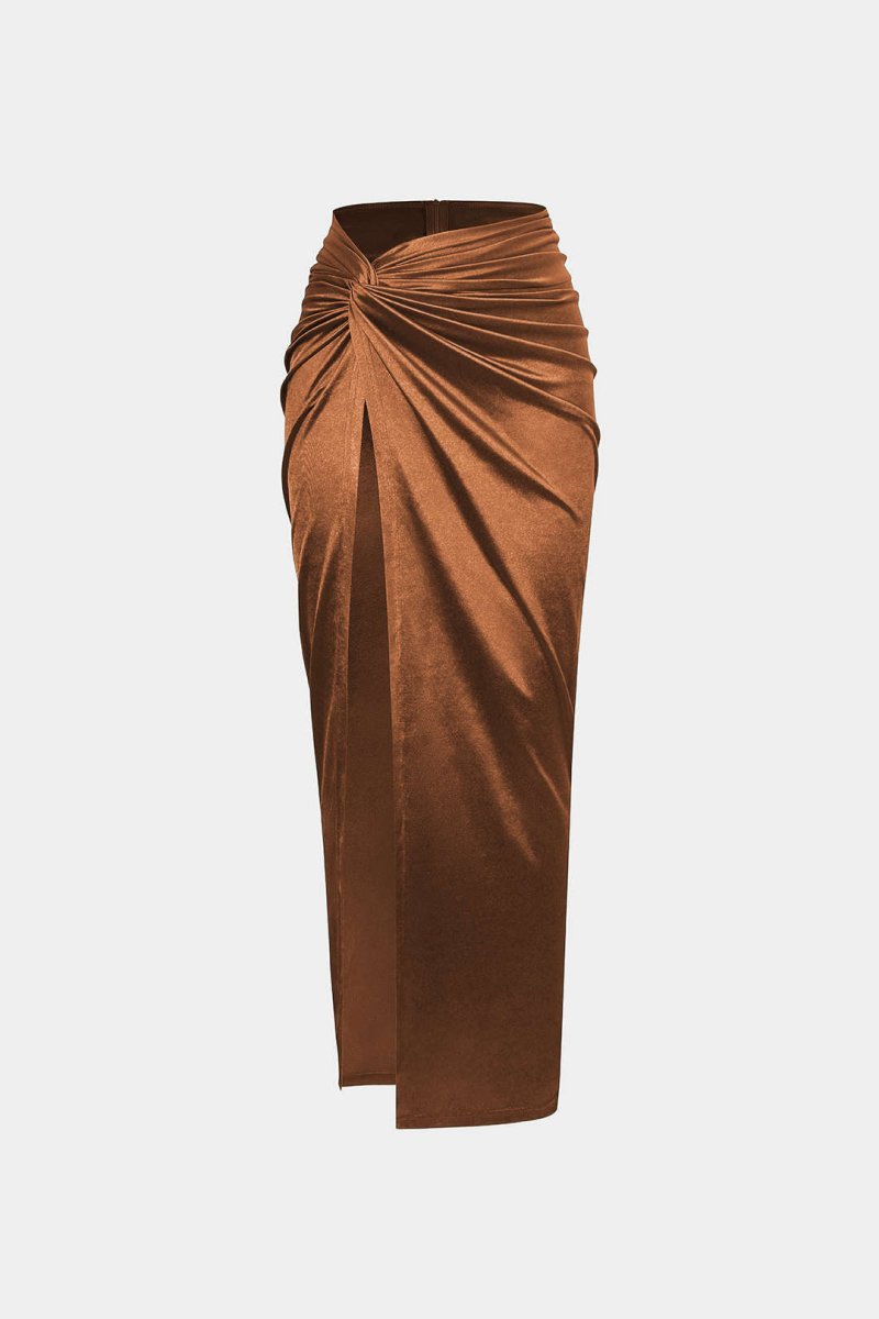 Twist Detail High Slit Midi Skirt - MISMIMCWBK2208190007-BROWN-XS