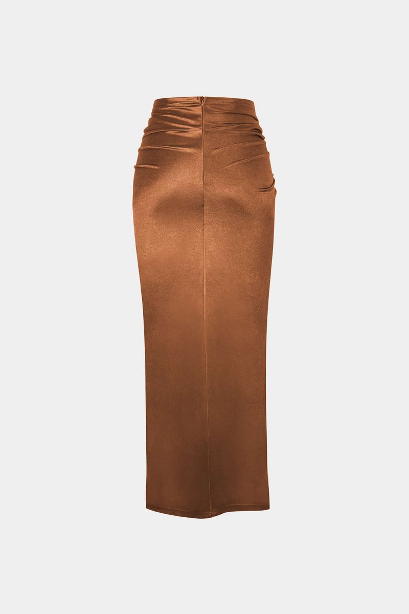 Twist Detail High Slit Midi Skirt - MISMIMCWBK2208190007-BROWN-XS
