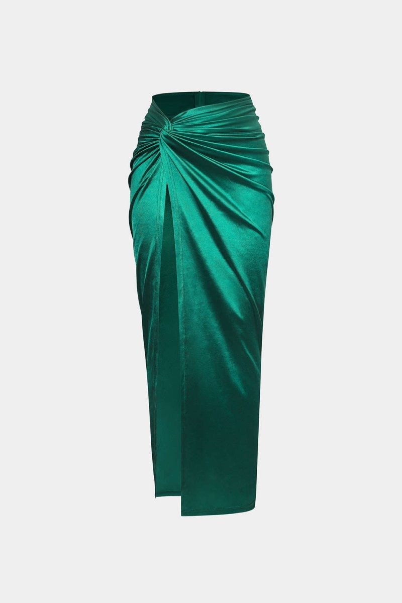 Twist Detail High Slit Midi Skirt - MISMIMCWBK2208190007-GREEN-XS
