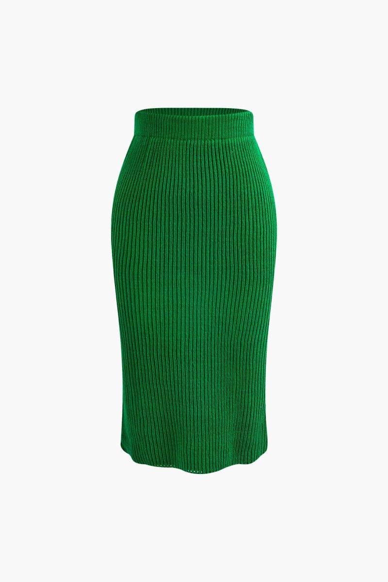 V - neck Long Sleeve Sweater And Skirt Set - MISMIMCWKC2309060033-GREEN-XS