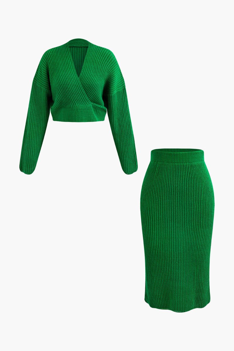 V - neck Long Sleeve Sweater And Skirt Set - MISMIMCWKC2309060033-GREEN-XS