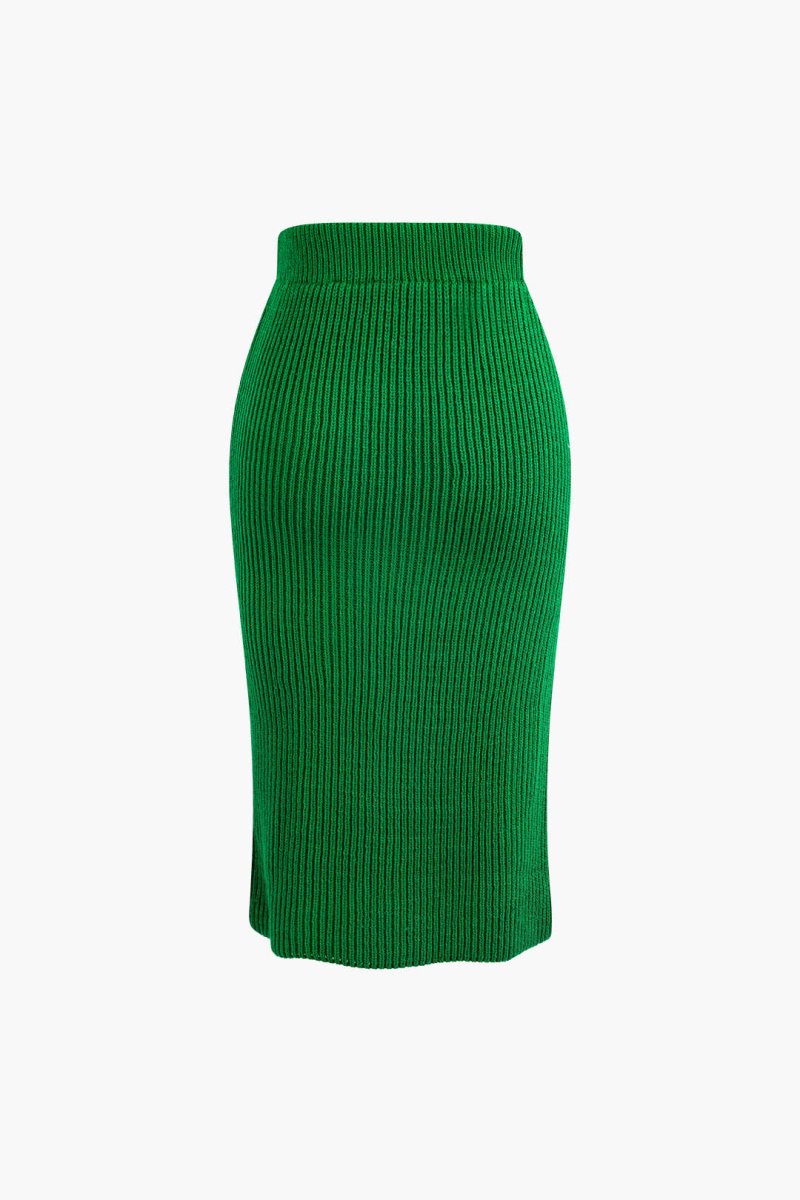 V - neck Long Sleeve Sweater And Skirt Set - MISMIMCWKC2309060033-GREEN-XS