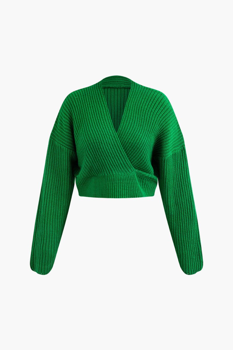 V - neck Long Sleeve Sweater And Skirt Set - MISMIMCWKC2309060033-GREEN-XS