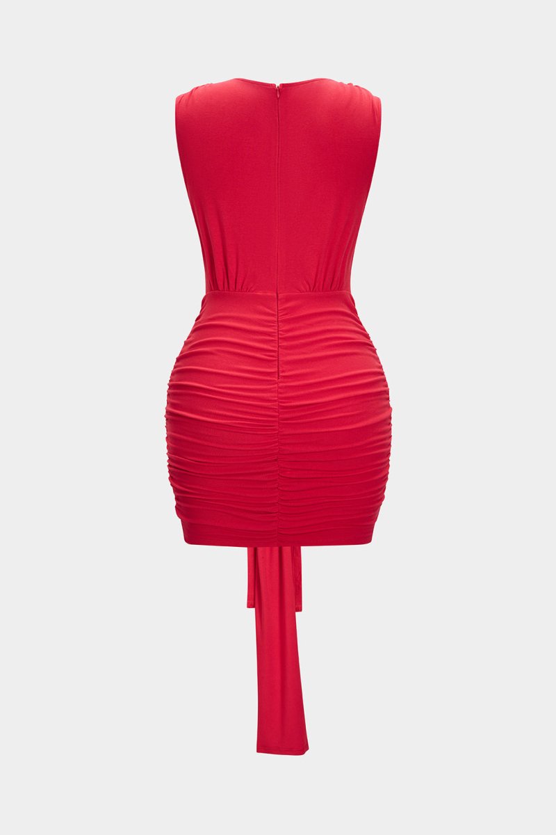 V - Neck Tie Front Ruched Sleeveless Mini Dress - MISMIMCWDC2504010013-RED-XS