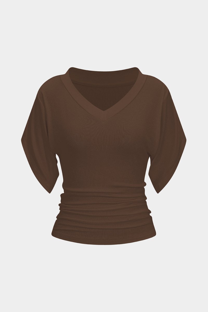 V - Neck Waist - Cinching Ruched T-Shirt - MISMIMCWTS2507020129-COFFEE-XS