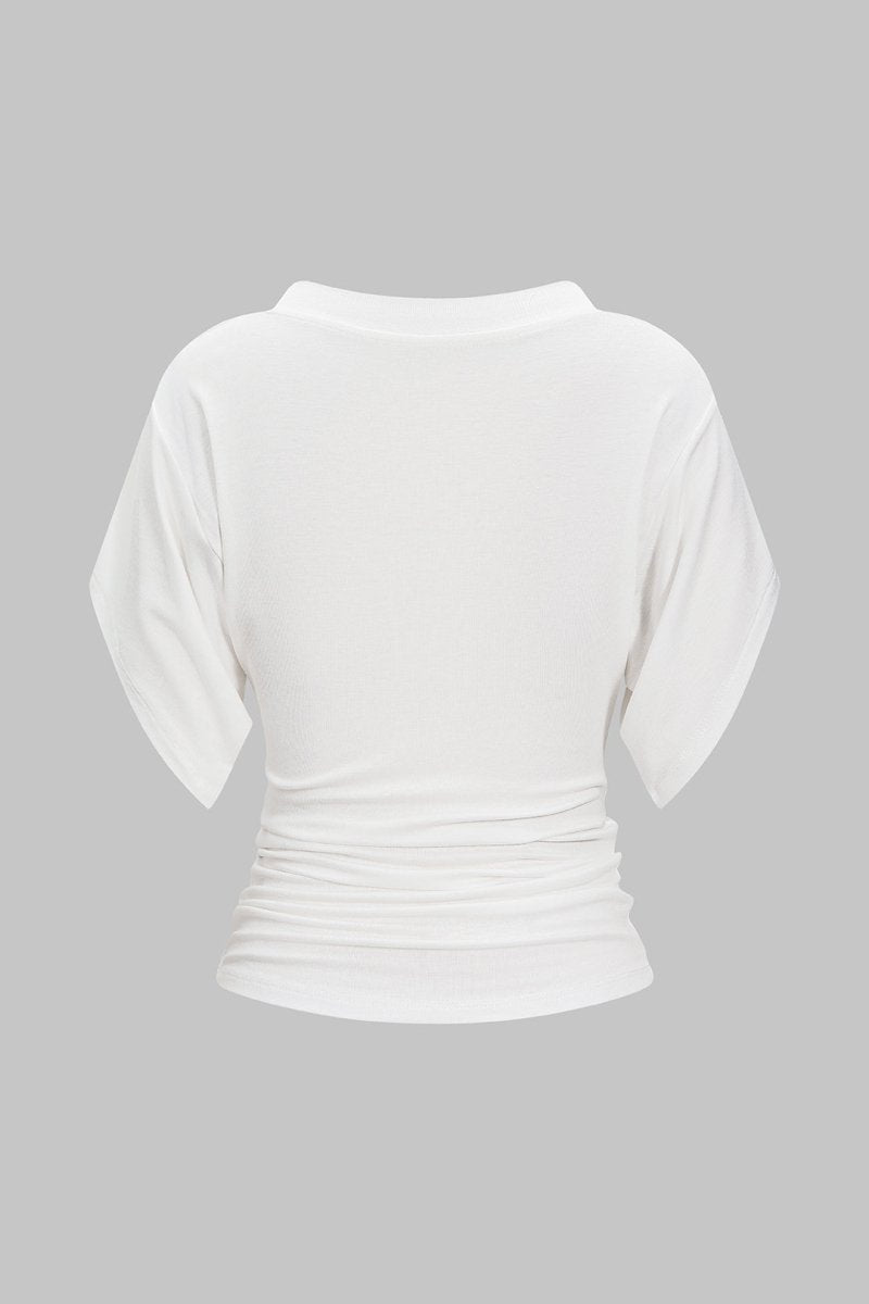 V - Neck Waist - Cinching Ruched T-Shirt - MISMIMCWTS2507020129-WHITE-XS
