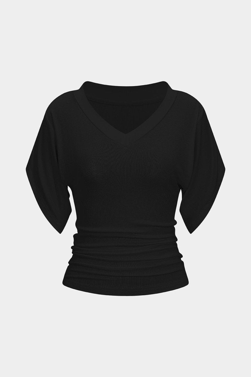 V - Neck Waist - Cinching Ruched T-Shirt - MISMIMCWTS2507020129-BLACK-XS