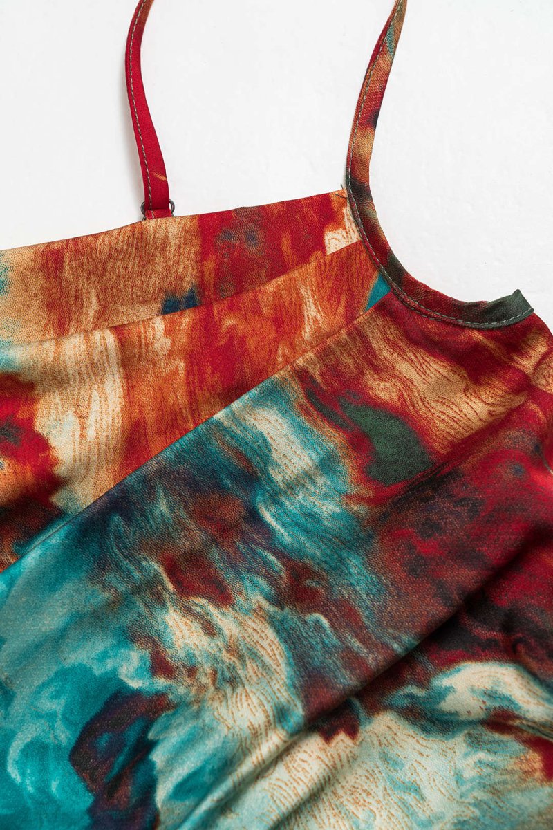 Watercolor Print Satin Ruched Drawstring Slip Mini Dress - MISMIMCWDC2412250027-GREEN-XS