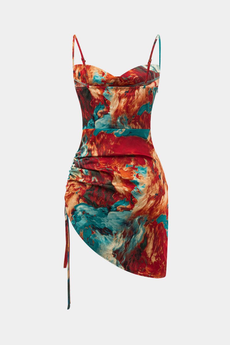 Watercolor Print Satin Ruched Drawstring Slip Mini Dress - MISMIMCWDC2412250027-GREEN-XS