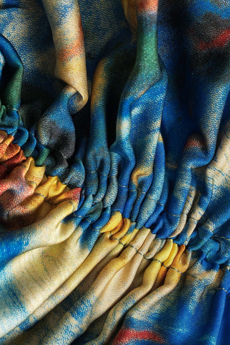 Watercolor Print Satin Ruched Drawstring Slip Mini Dress - MISMIMCWDC2412250027-BLUE-XS