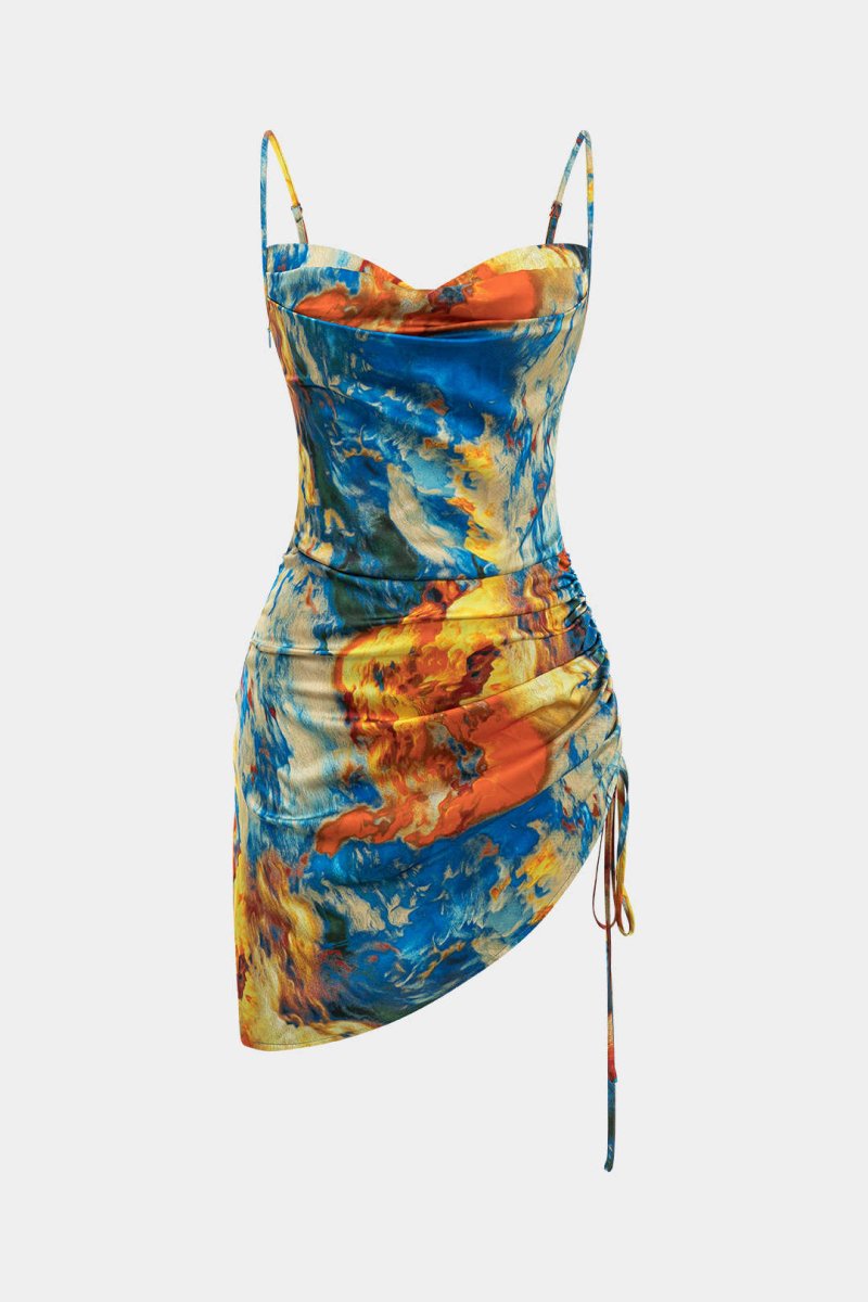 Watercolor Print Satin Ruched Drawstring Slip Mini Dress - MISMIMCWDC2412250027-BLUE-XS