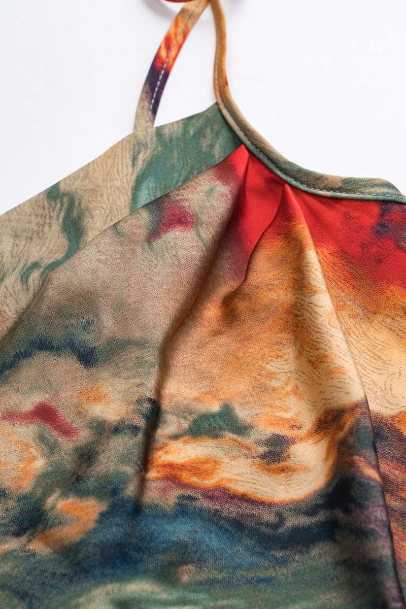 Watercolor Print Satin Ruched Drawstring Slip Mini Dress - MISMIMCWDC2412250027-MULTICOLOR-XS