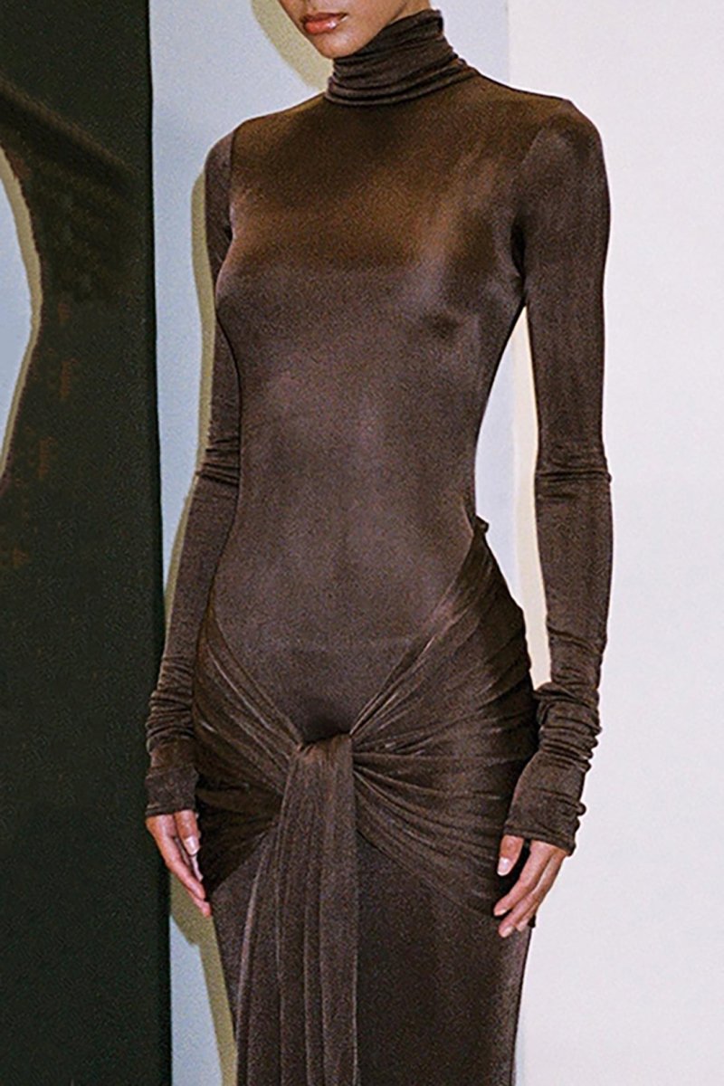 Wrap Ruched High Neck Long Sleeve Maxi Dress - MISMIMCWDA2309180103-KHAKI-XS