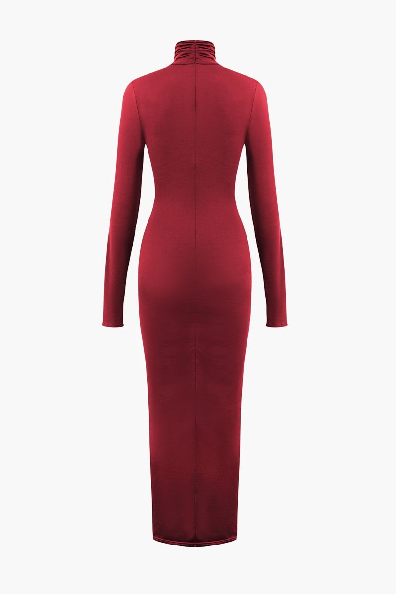 Wrap Ruched High Neck Long Sleeve Maxi Dress - MISMIMCWDA2309180103-RED-XS