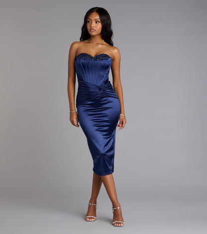 Christy Satin Lace-Up Bustier Midi Formal Dress