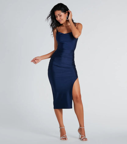 Zooey Formal Satin Lace-Up Midi Dress