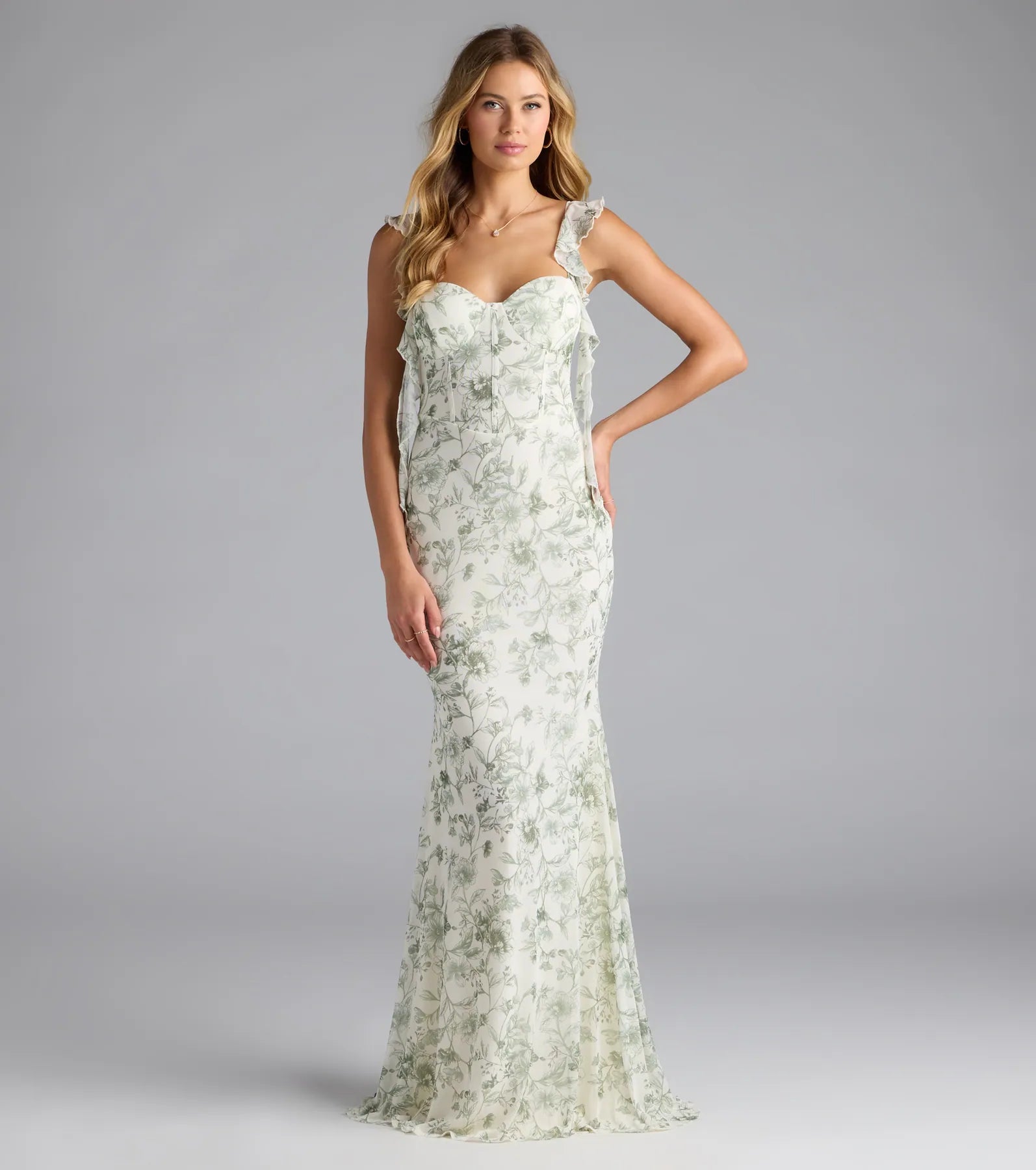 Melita Ruffle Mermaid Floral Mesh Formal Dress