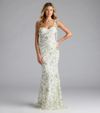 Melita Ruffle Mermaid Floral Mesh Formal Dress