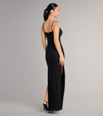 Arianna Rhinestone Mesh High Slit Column Dress