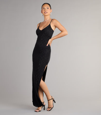 Arianna Rhinestone Mesh High Slit Column Dress