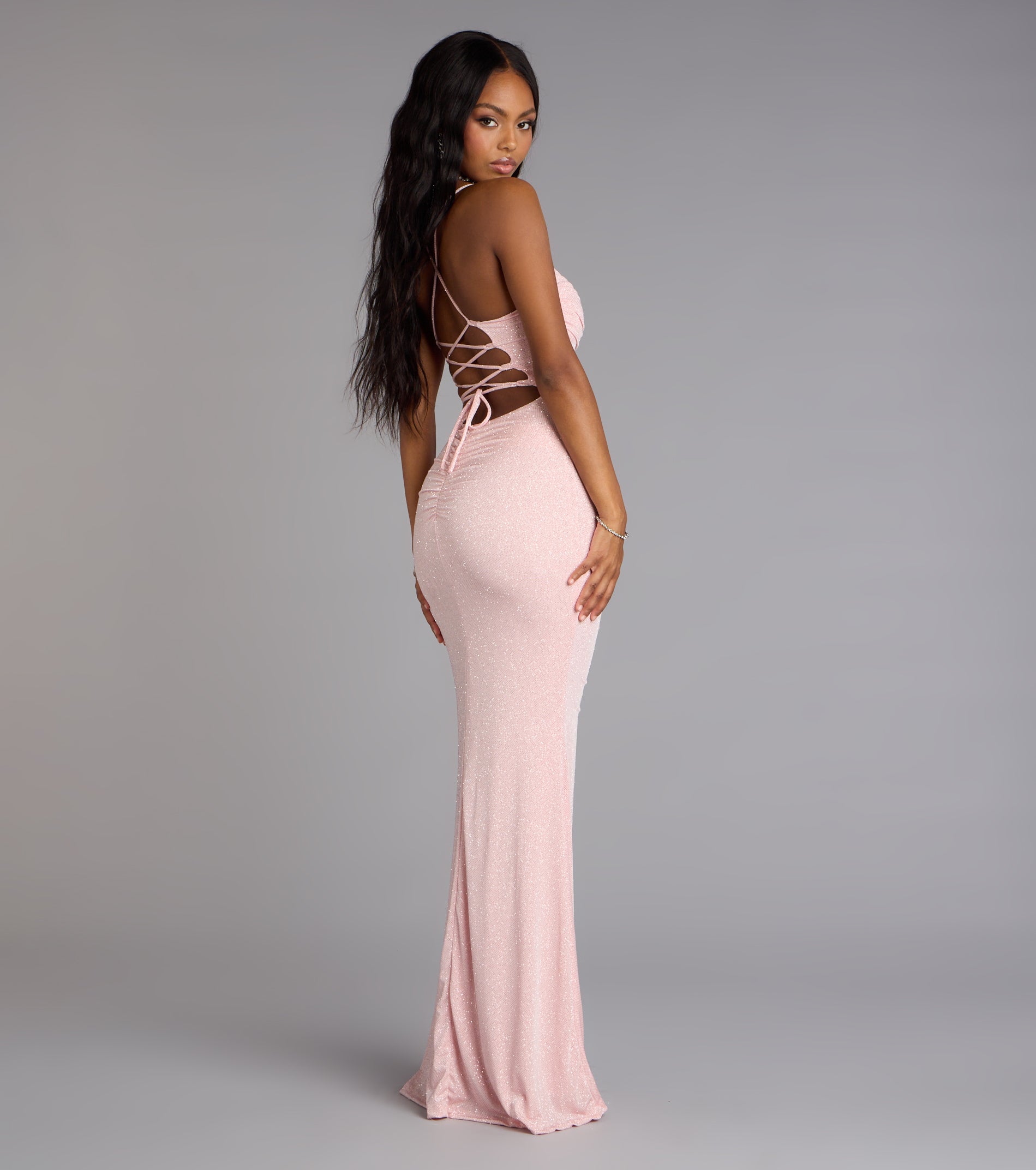 Diane Lace-Up Slit Mermaid Glitter Formal Dress