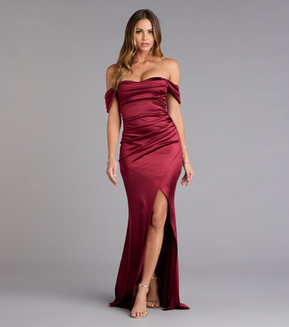 Belinda Off-The-Shoulder Slit Satin Formal Dress