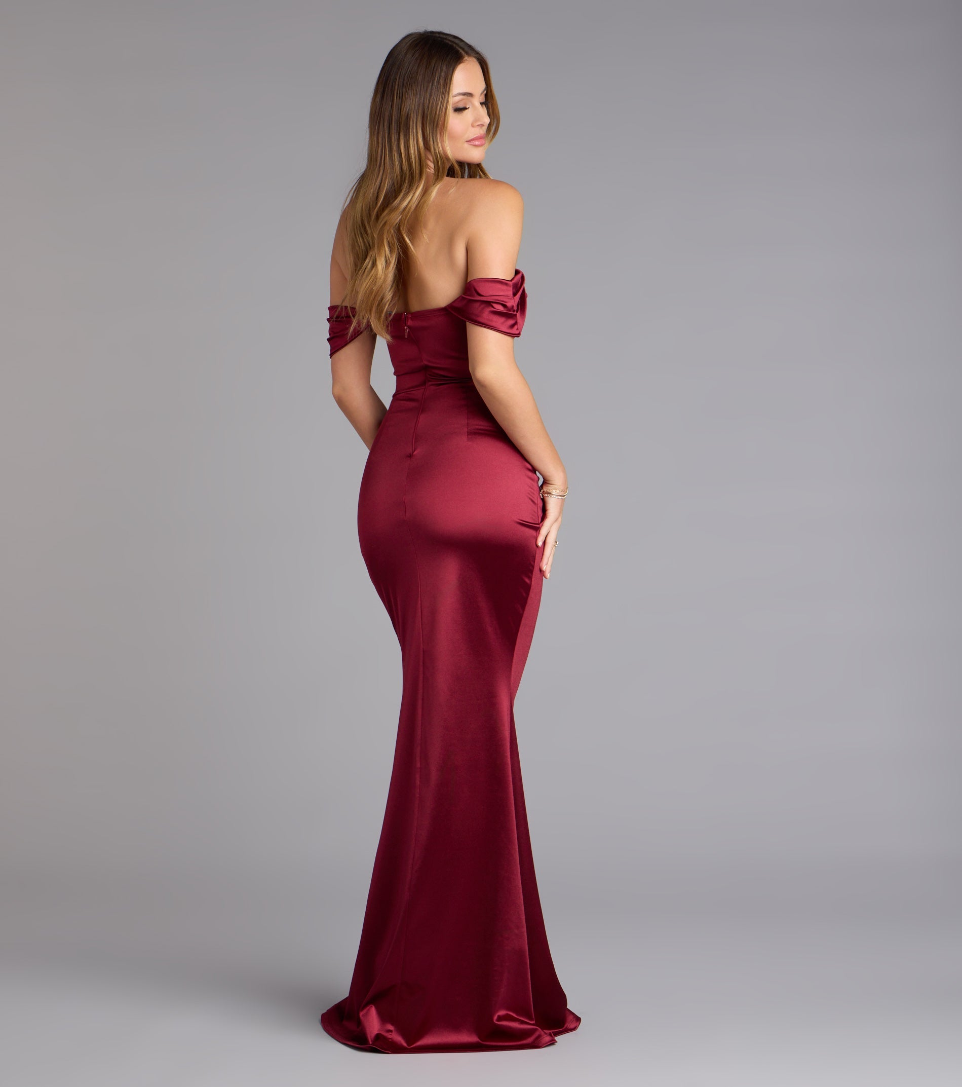 Belinda Off-The-Shoulder Slit Satin Formal Dress