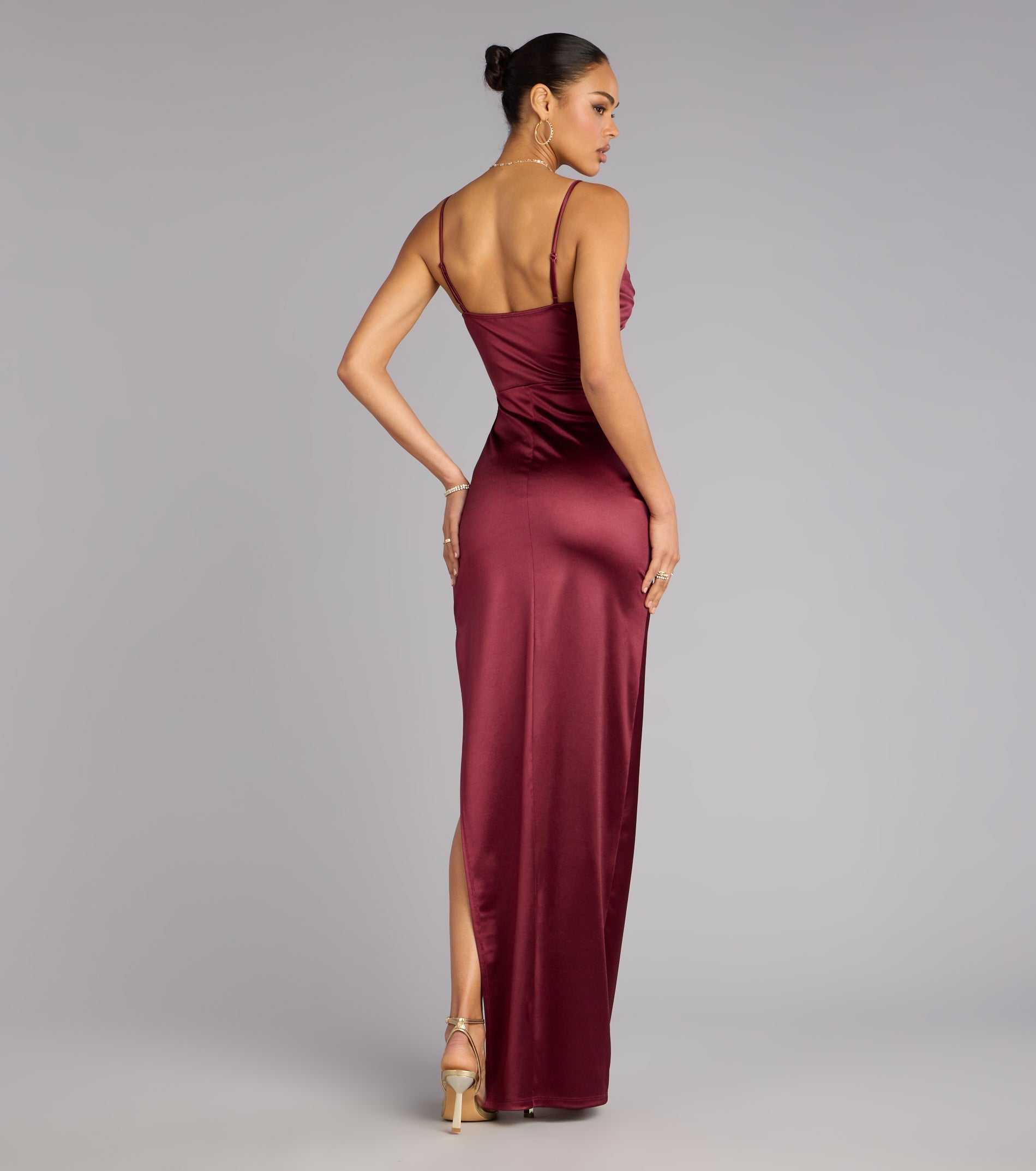 Jane Cowl Neck Slit Satin Formal Column Dress