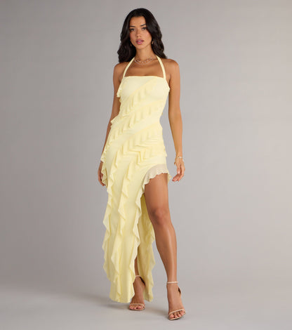 Blake Mesh Halter Slit Ruffle Formal Dress