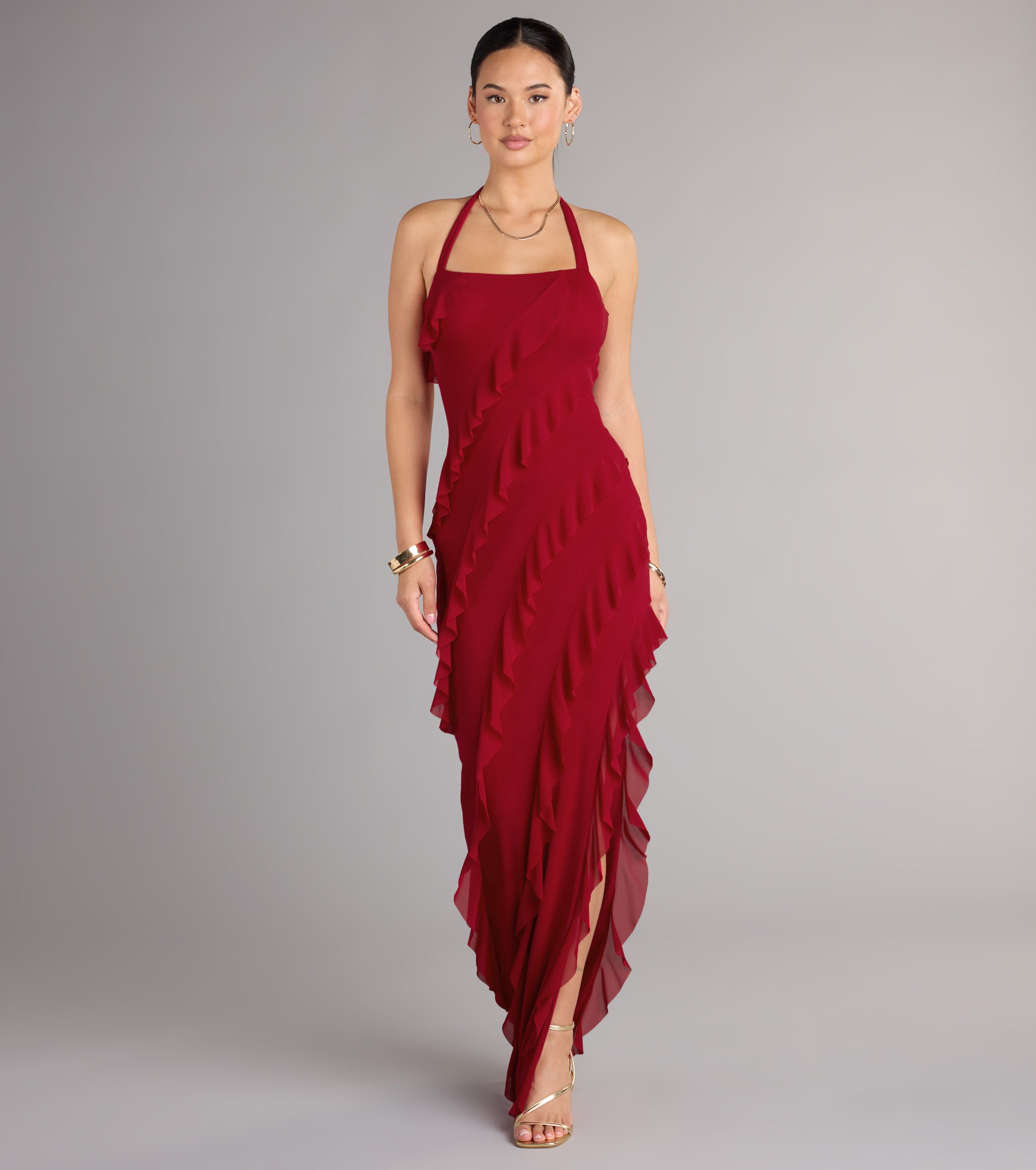 Marley Halter Ruffle Slit Formal Dress