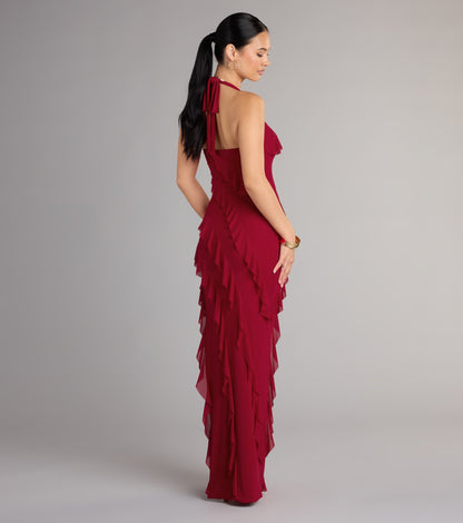 Marley Halter Ruffle Slit Formal Dress